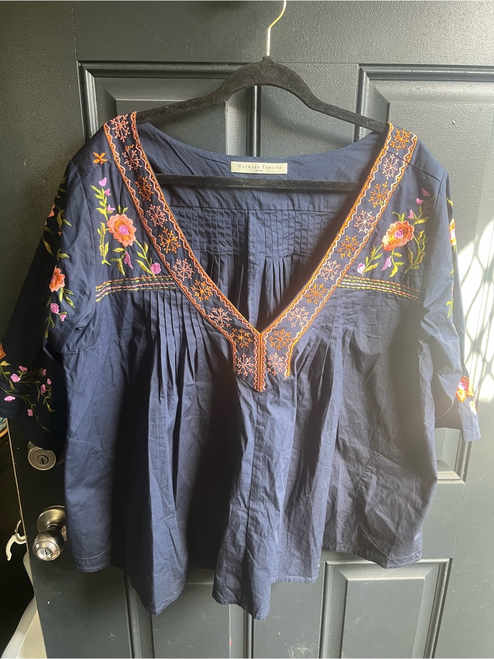 Wayf Navy Floral Embroidered V-Neck Tunic